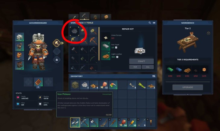 A guide to repairing gear in Hytale using a repair kit.